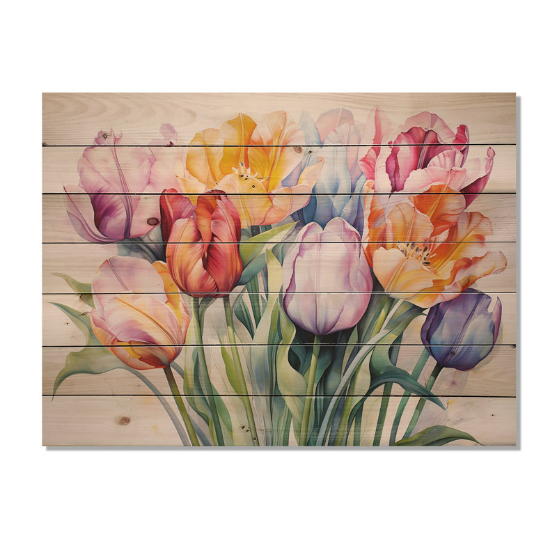 Painted Multicolor Tulips Collage - Tulips Wood Panel Wall Art On Natural Pine Wood, 10" H x 20" W
