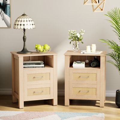 Rattan Nightstands With Charging Station,modern Bedside Stand For Bedroom