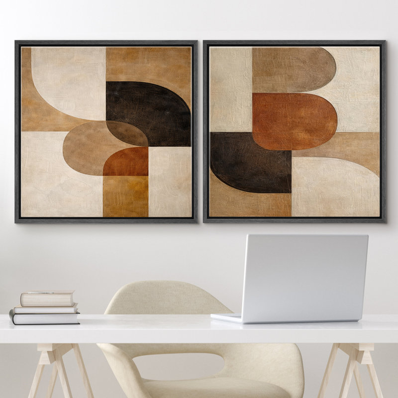 «Neutral Earth Tone Geometric Abstract Modern Minimalist Shapes», reproduction d'art encadrée sur toile de la chambre principale, 2 pièces