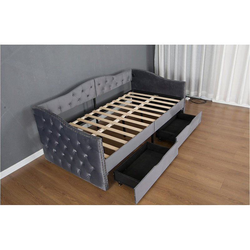 Twin Size Upholstered Daybed With 2 Storage Drawers And USB Charging Design, Velvet Upholstered Daybed Frame, Twin Sofa Bed For Living Room Bedroom, No Box Spring Needed,Plush Velvet Fabric