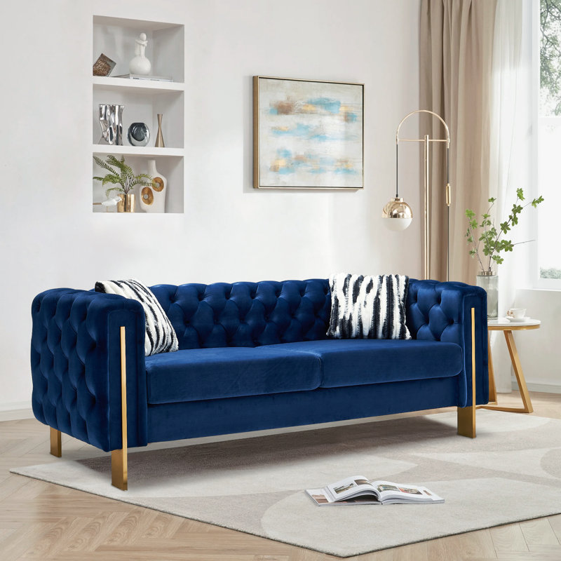 Canapé à accoudoirs carrés 84,25 po Jamayiah, Velours bleu