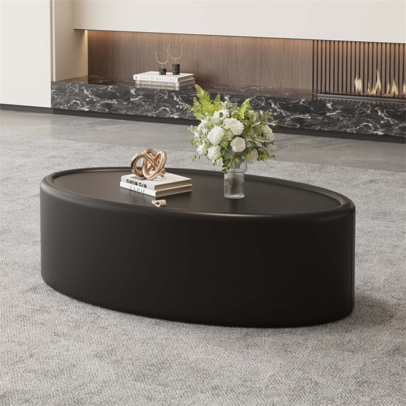Table basse de rangement ovale cachée 33,46 pouces avec plateau en verre trempé certifié 3C et revêtement en cuir de qualité supérieure, design minimaliste moderne pour le salon