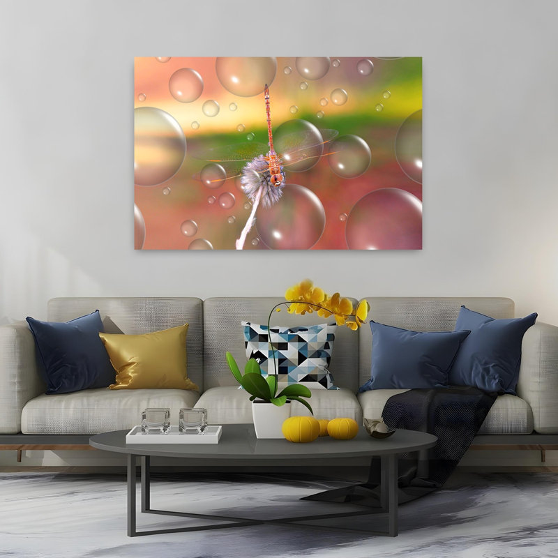 Dreamy Dragonfly Bubbles Colorful Delicate Dreamy Dragonfly Nature Summer Wall Art Print 1 Piece Wrapped Canvas Wall Art