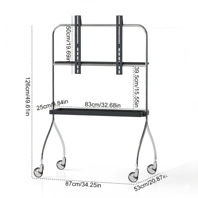 Un meuble mobile noir antique conçu pour accueillir un meuble télé sur pied ou un téléviseur à projection, vous permettant de vous promener dans le meuble télé.