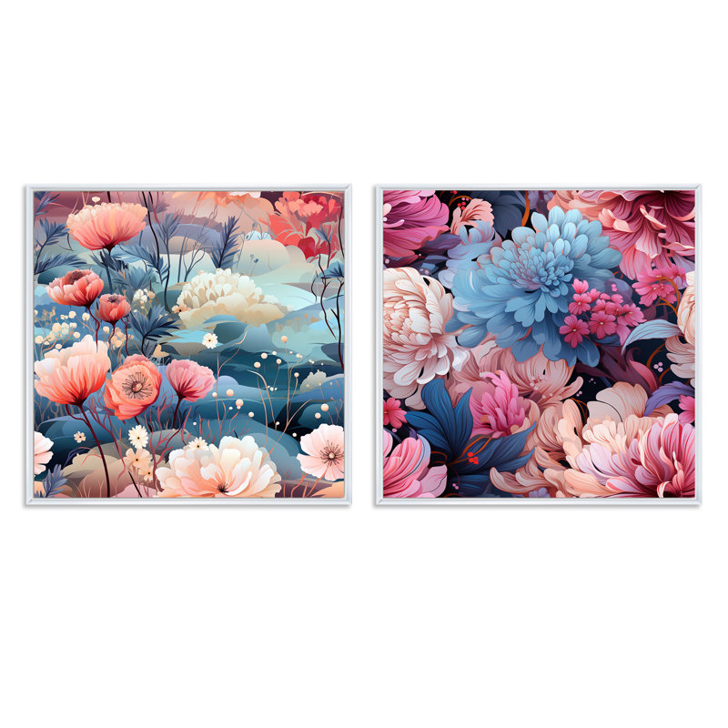 Leyna - Ensemble de 2 collages carrés botaniques abstraits, Cadre flottant blanc, H 30 po x l 61 po