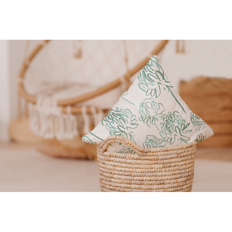 Green and White Floral Square Throw Pillow, 16" x 16"