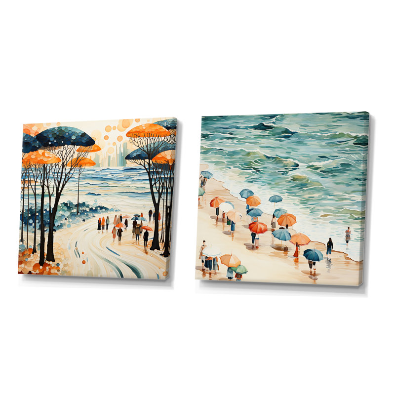 Beach Day Umbrella Parade I - Beach People, ensemble de 2 reproductions d'art mural, Toile tendue, H 16 po x l 33 po x P 1 po