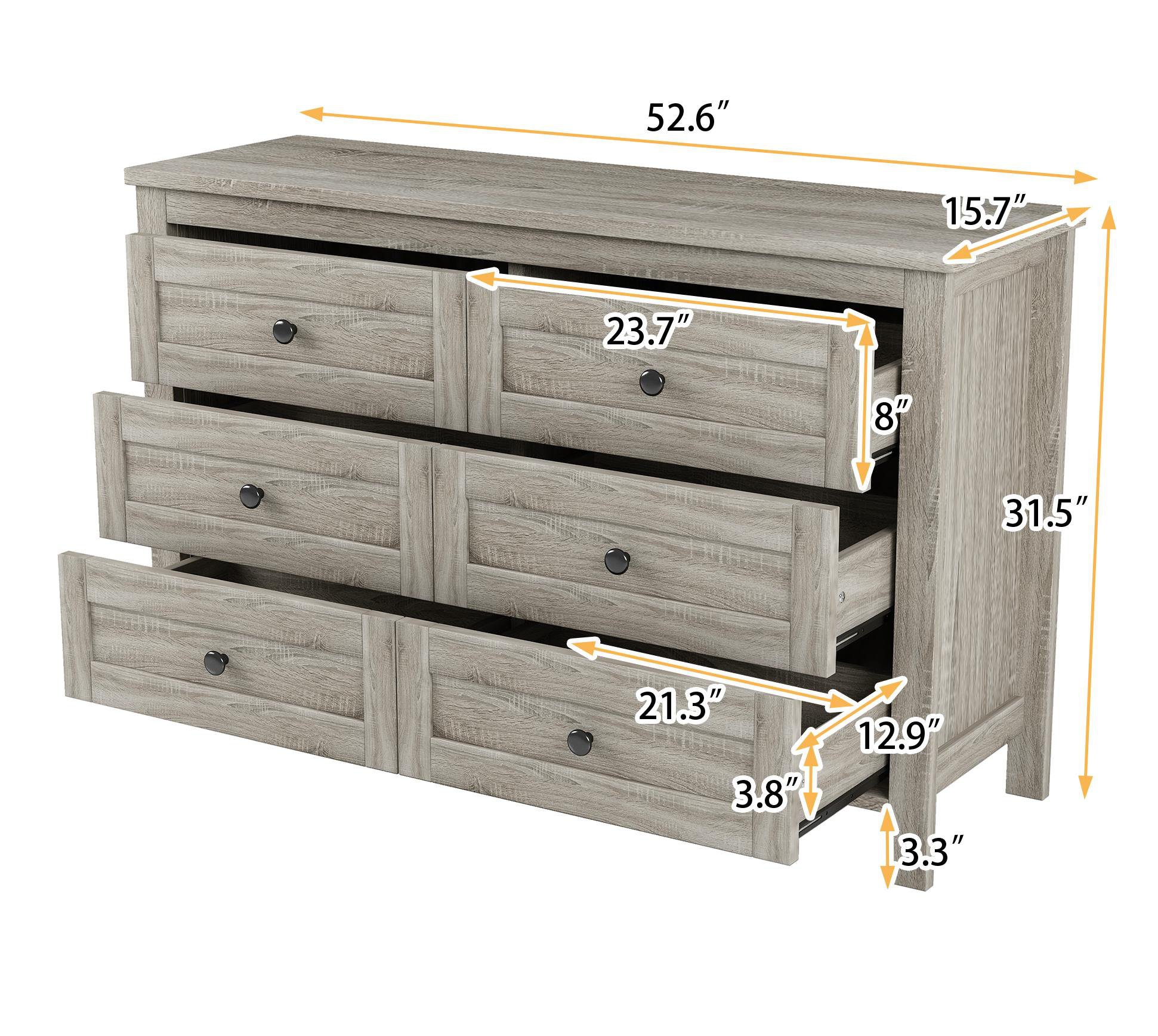 HLILish Retro Farmhouse Style Wooden Dresser With 6 Drawer, Storage ...