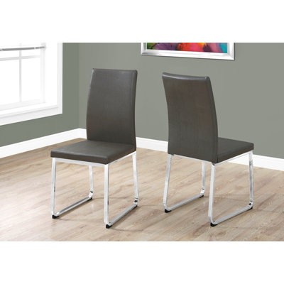 Chaise de salle à manger, ensemble de 2, latérales, rembourrées, cuisine, salle à manger, aspect cuir gris, métal chromé, contemporain, moderne