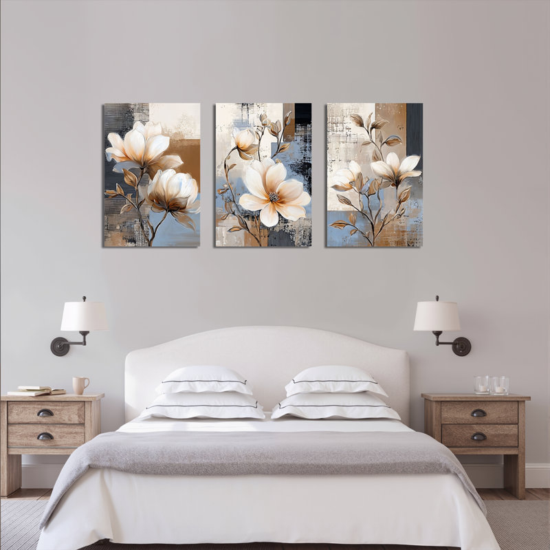 Tableau abstrait floral magnolia sur toile tendue (ensemble de 3), H 30 po x l 60 po