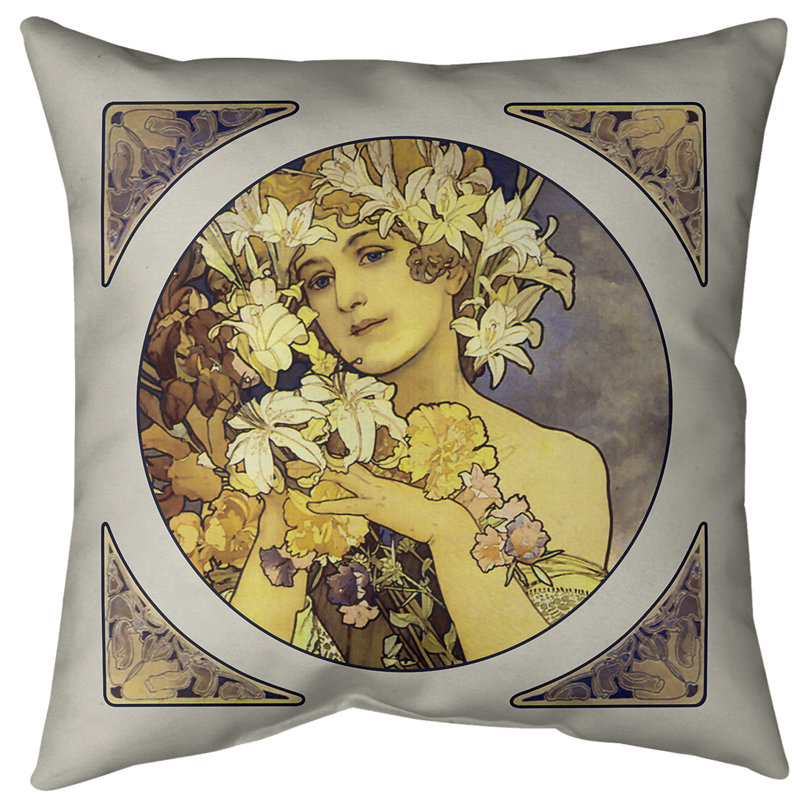 Insert de coussin alphonse mucha couronne of fleurs, 14 po x 14 po, Duvet synthétique, Jaune