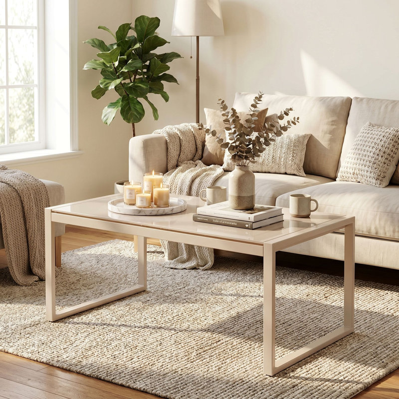 Rectangle Black Coffee Table With Tempered Glass, Beige