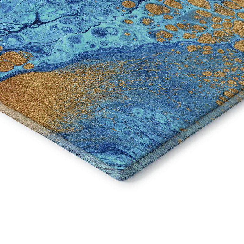 Premium Blue and Gold Abstract Rectangular Washable Rug