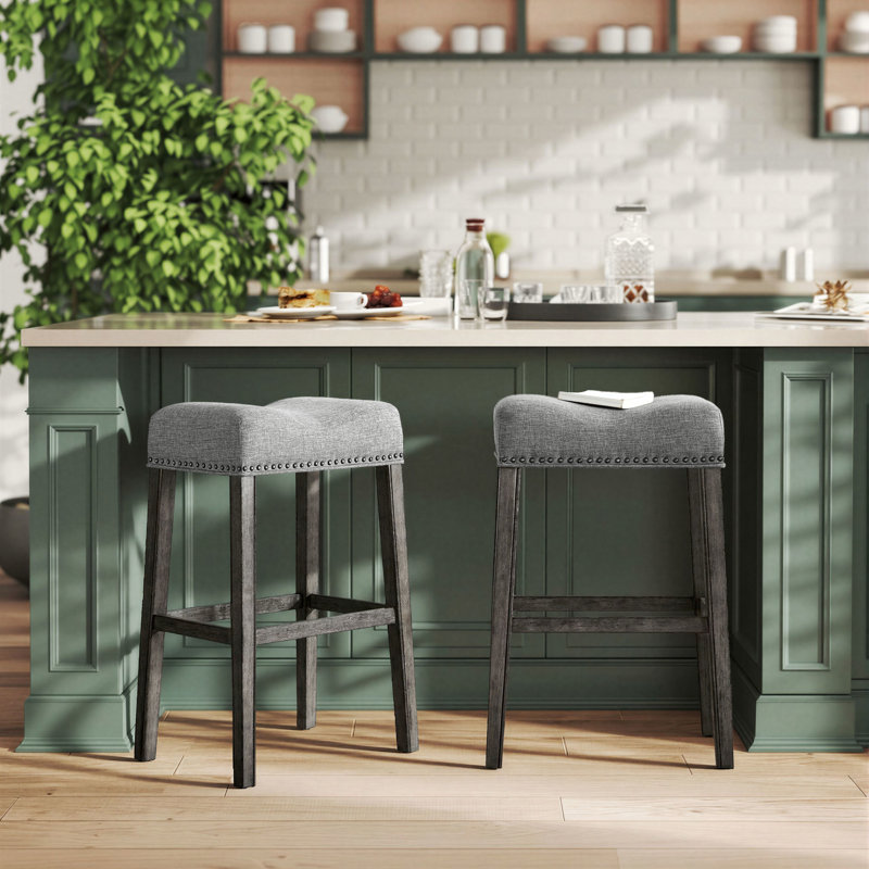 Oenone Backless Bar Stools, Upholstered Saddle Seat With Nailhead Trim, Weathered Wood Legs - Set of 2, Dark Gray, Black