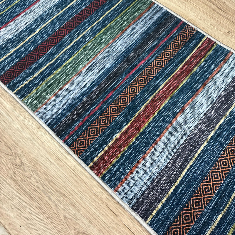 Custom Size Anti Slip Antibacterial Organic Materials Ocean Striped Machine Printed Design Low Profile Runner Rug by Feet