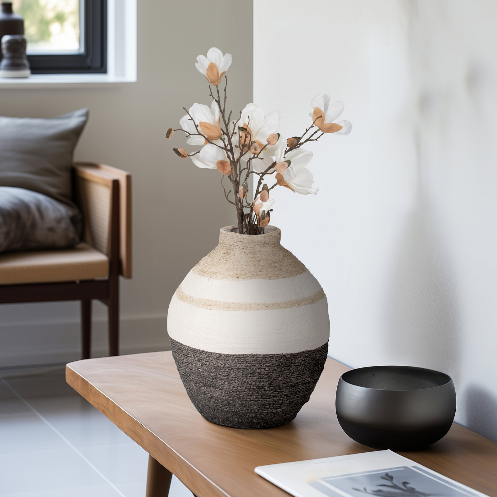 Naylor Ceramic / Porcelain Table Vase, Tan/Ivory/Black, 12" H x 10" W x 10" D