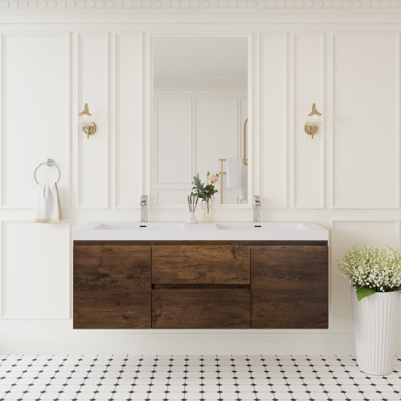 Ensemble de meuble-lavabo mural 60 po, Blanc lustré, Bois gris foncé