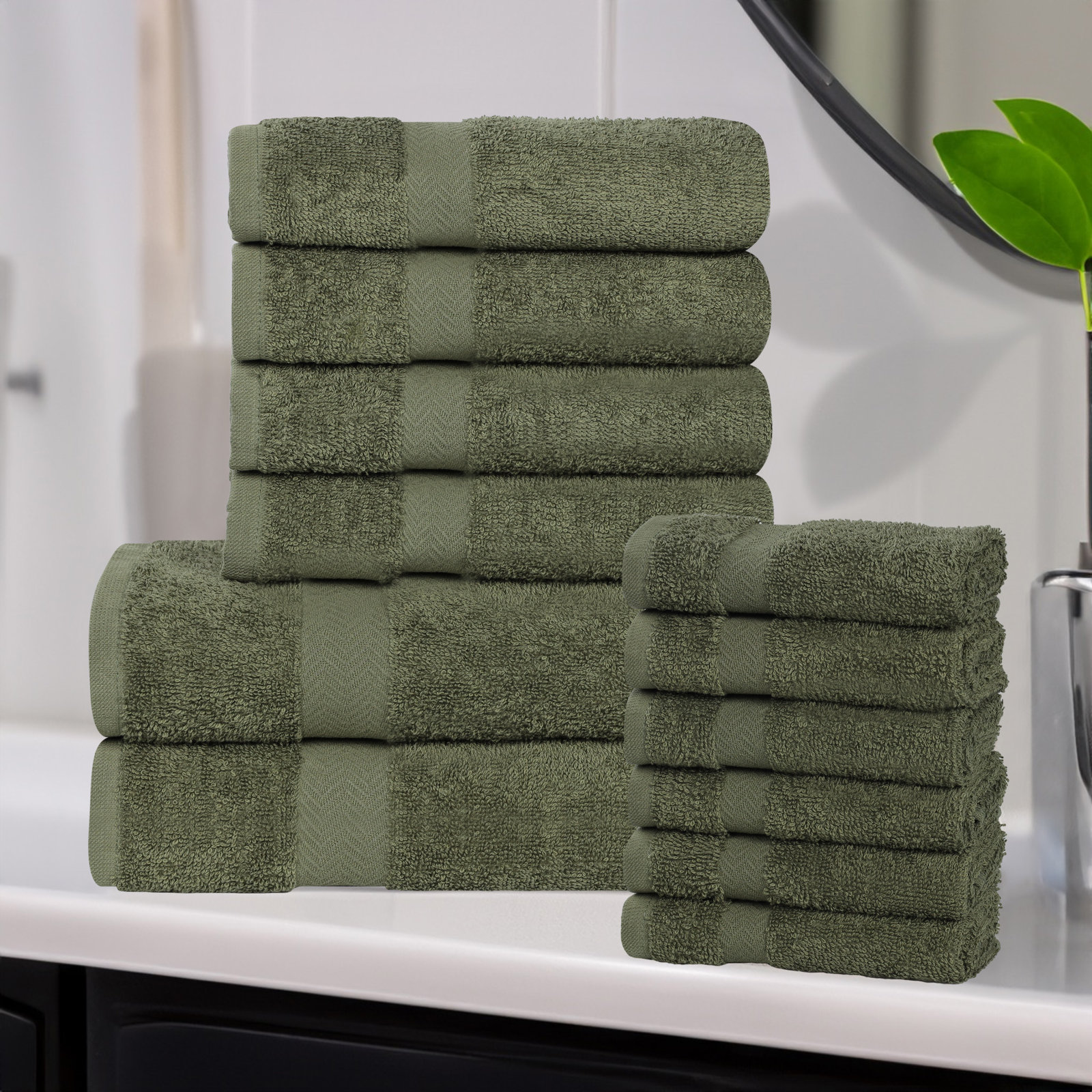 12-Piece Quick-Drying Cotton Towel Set, Forest Green