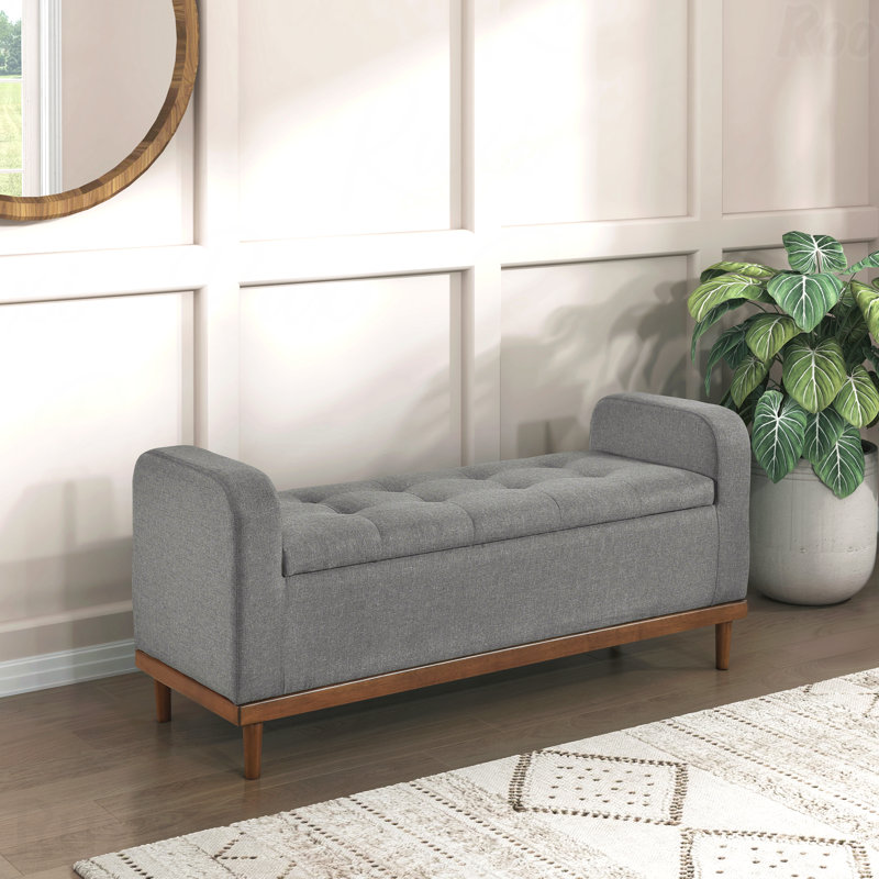 Banc 1 pièce Mid-Century moderne - Bois massif au fini gris, plateau relevable avec rangement, siège capitonné, Gris