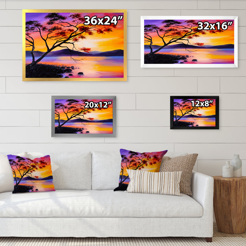 " Colourful Sunset On The Lake ", 8" H x 12" W x 1" D, White Picture Framed Canvas