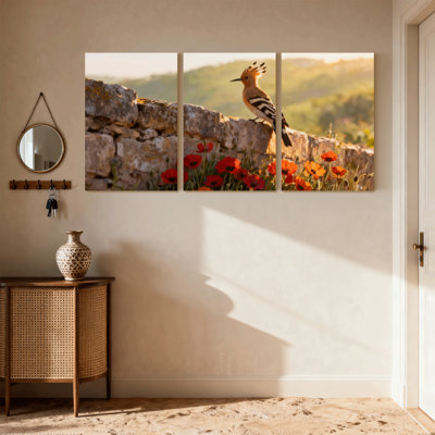Oiseaux oiseaux sur mur de pierre avec coquelicots, ensemble de 3 impressions sur toile