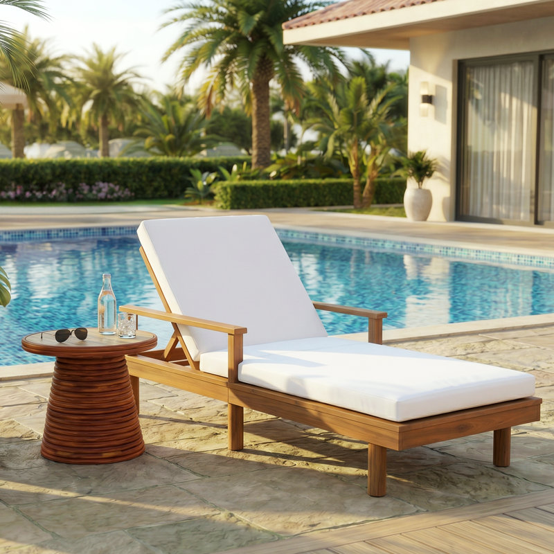Chaise longue d'extérieur réglable à 5 positions avec structure en bois massif, coussins épais et accoudoirs Jovi, Teck clair