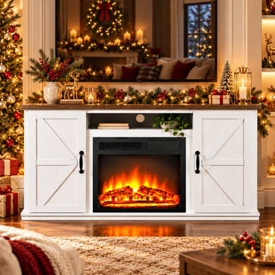 Meuble télé avec foyer électrique pour téléviseur de 55 po ou moins, foyer électrique avec luminosité de flamme à 7 niveaux, télécommande et armoires de rangement