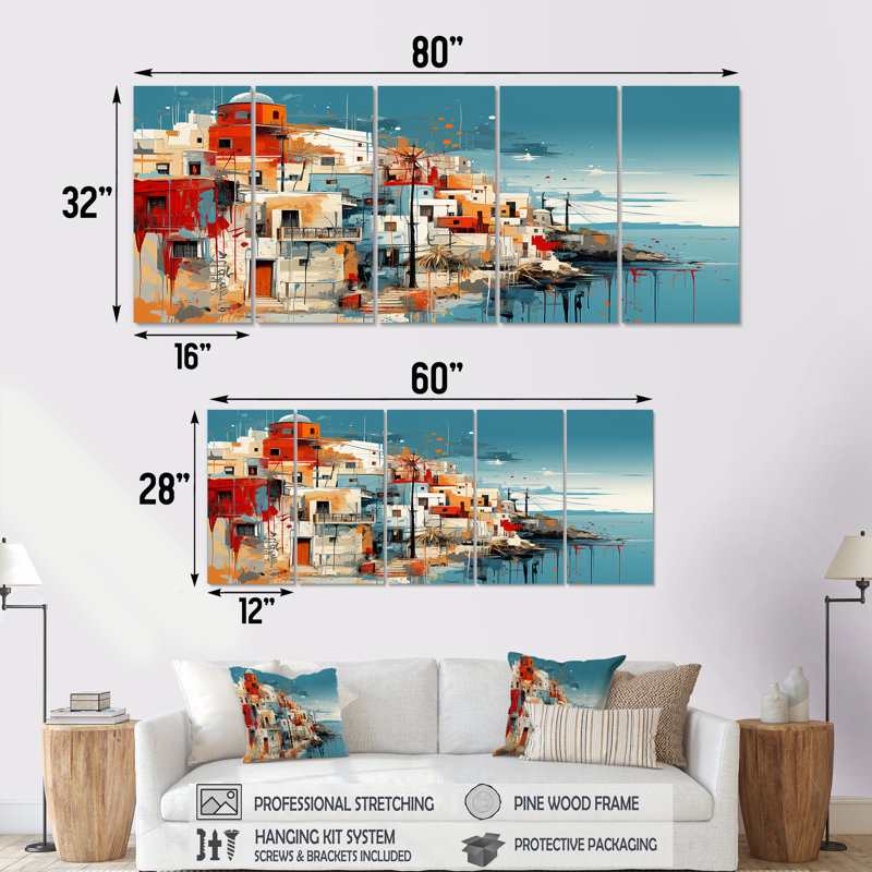 «Colorful Santorini Grèce Landscape I - Santorini», ensemble de 5 pièces, H 28 po x l 60 po
