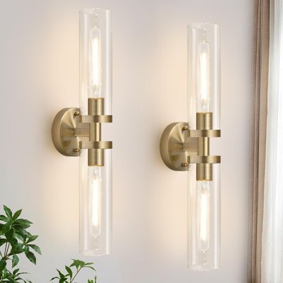 Hardwired Wall Sconces Set Of Two With Clear Glass Shades, Modern Bathroom And Hallway Lighting Fixtures, Durable Metal Construction, E26 Heat-Resistant Sockets (Bulbs Not Included)