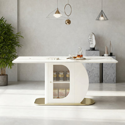 63" Modern Dining Table For 4-6 People, Kitchen Table With Storage Shelf & Acrylic Door Cabinet, Sintered Stone Tabletop With Golden Solid Wood Base, Perfect For Apartments And Family Use