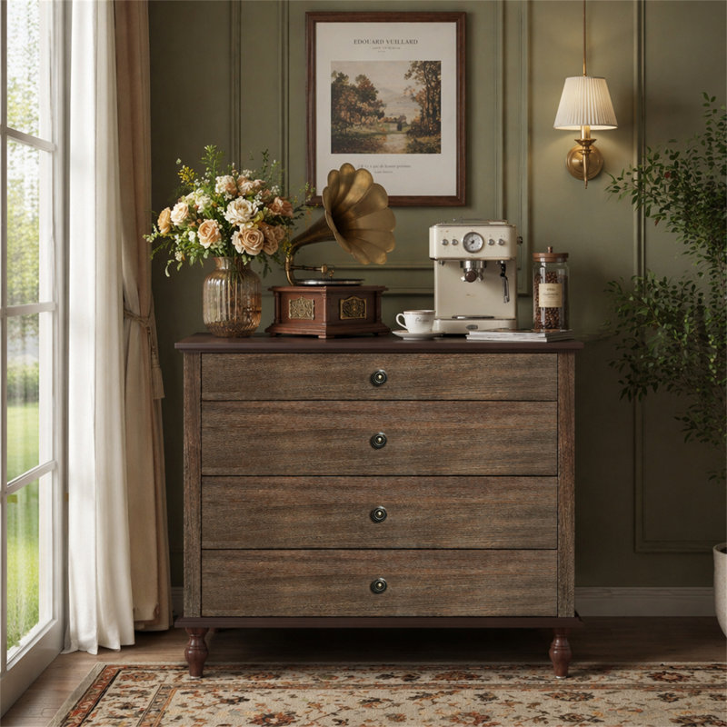 Grande commode à 4 tiroirs avec pied en bois massif, Brun rustique profond