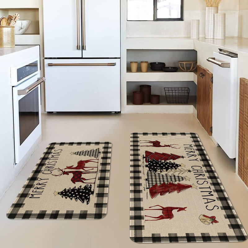 Christmas Beige and Black Linen Non-slip Kitchen Rug Set