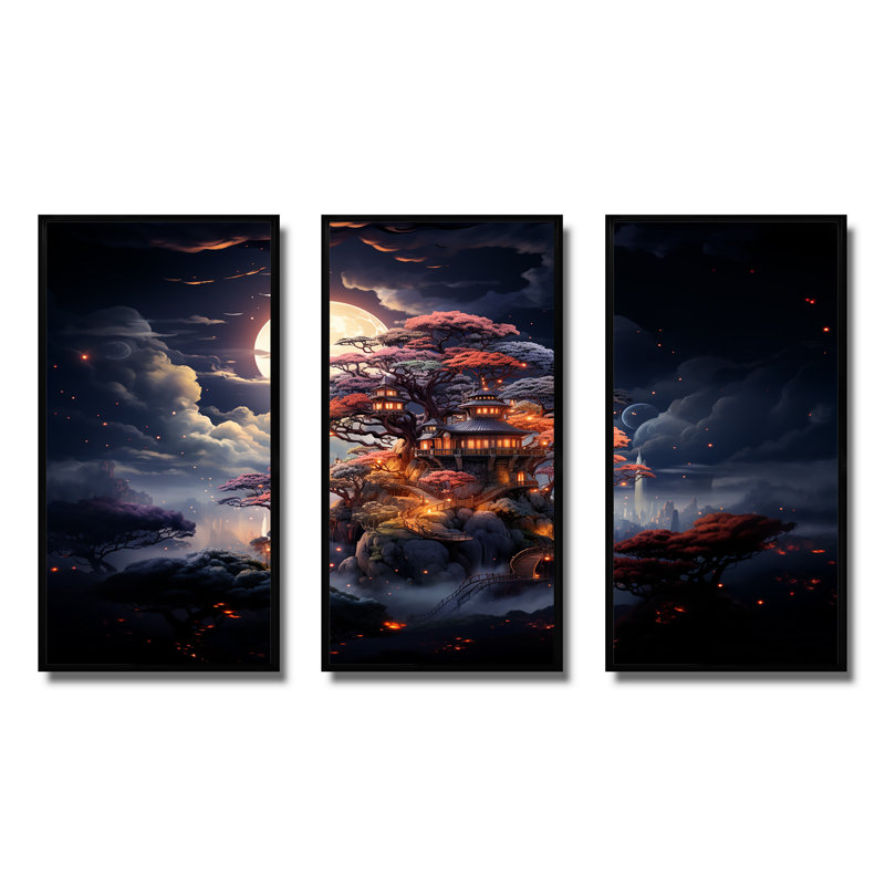 «Black Nebula Nights Castle Treehouse I», art mural Chine, H 28 po x l 36 po, Cadre flottant noir
