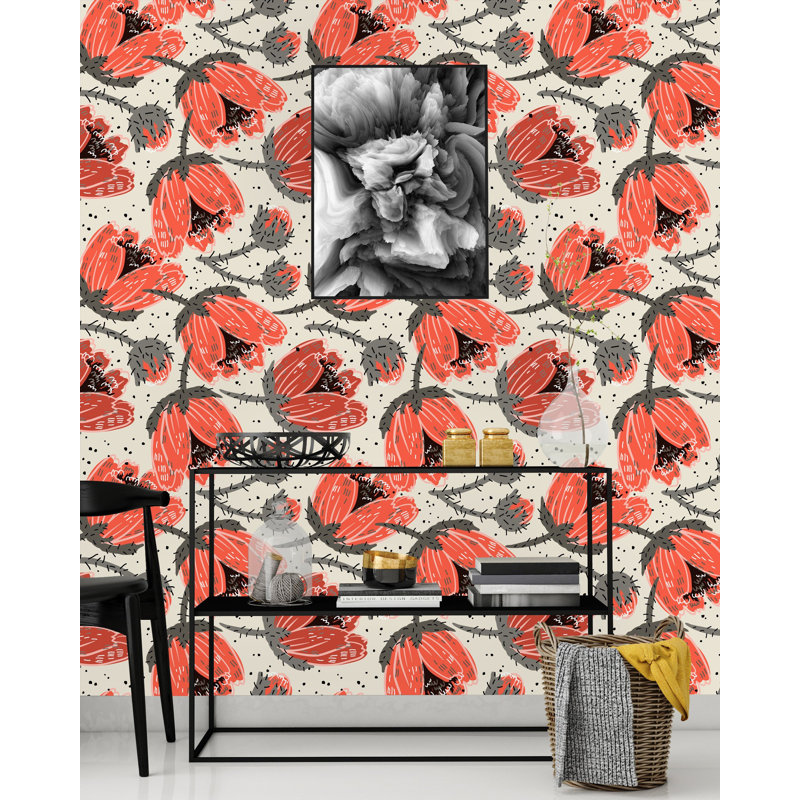 Panneau de papier peint à motif de coquelicots dessinés à la main Colville, L 75 po x l 25 po