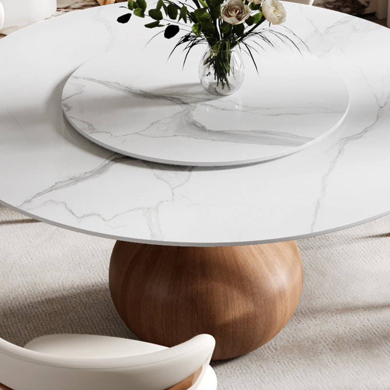 Mid-Century Modern Farmhouse Round Sintered Stone Pedestal Dining Table With Lazy Susan For 4/6/8/10, White