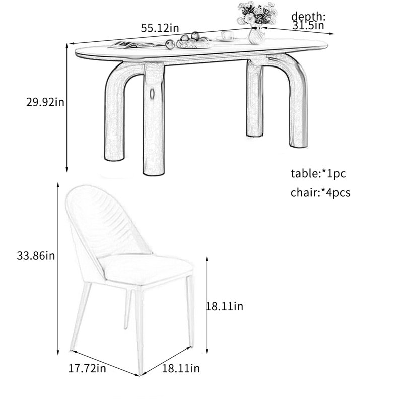 Ensemble de table de salle à manger durable à panneau en pierre durable., H 29,92 po x L 55,12 po x l 31,5 po