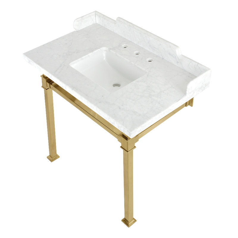 Kingston Brass Viceroy 36-Inch Carrara Marble Console Sink with Stainless Steel Legs (8-Inch, 3-Hole), Marble White/Gold