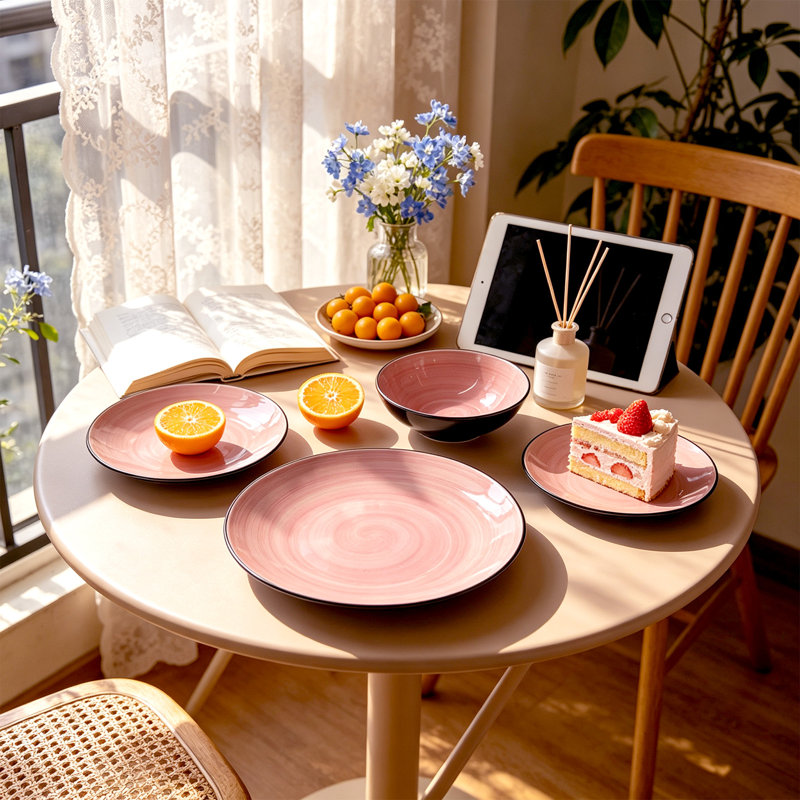 Service de table en grès brillant 12 pièces Sonoma Swirl (sans tasse), service pour 4, Rose