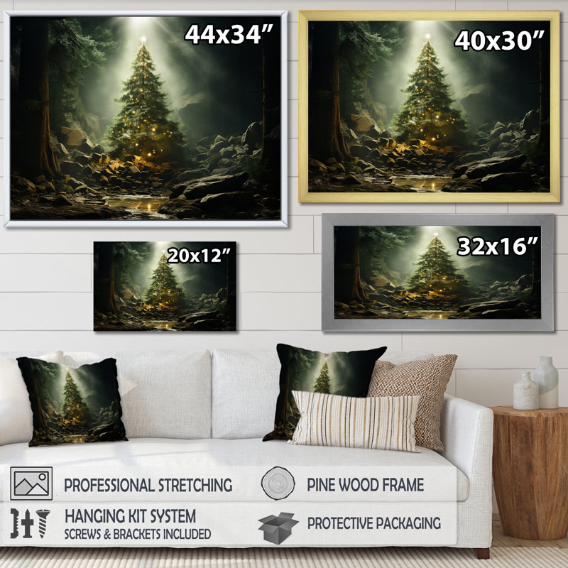 Arbre de Noël vert magique - décoration murale paysage d'hiver, Cadre flottant doré, H 16 po x l 32 po x P 1 po