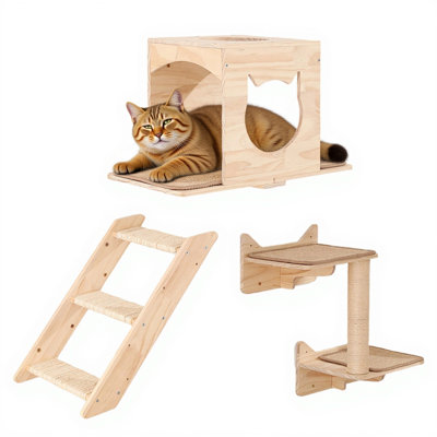 Ensemble de tablettes murales pour chat - Meubles muraux pour chat avec maison, tapis en sisal, poteaux à griffer et perchoirs - Tablettes d'escalade d'intérieur pour grands chats