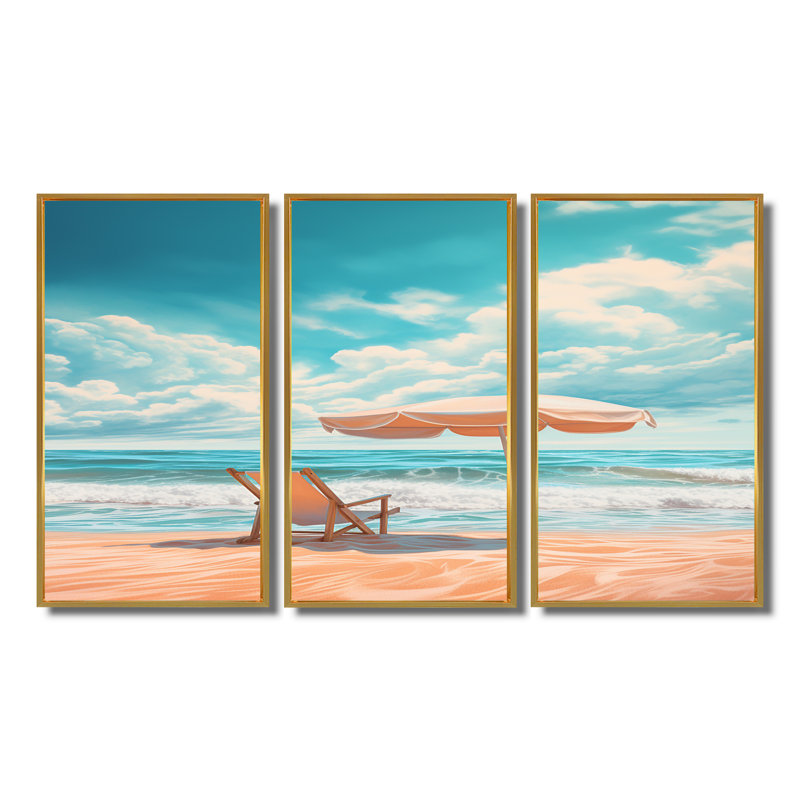 Rhoden - Ensemble d'art mural plage, Cadre flottant doré, H 32 po x l 48 po x P 1 po