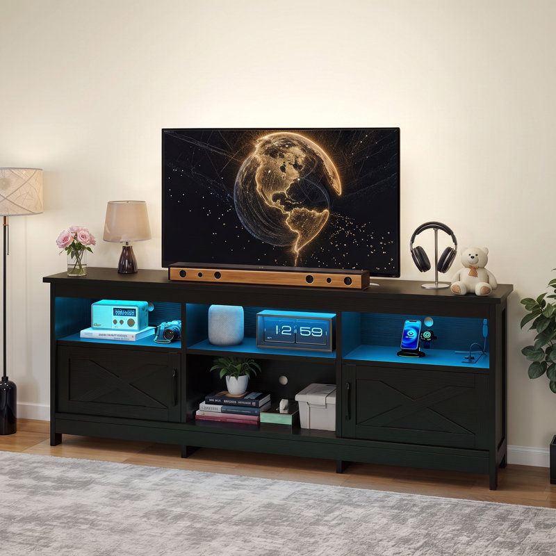 Farmhouse TV Stand For Up To 80 Inch Tvs With LED Lights, Storage Cabinets, Open Shelves & Adjustable Shelf, Black