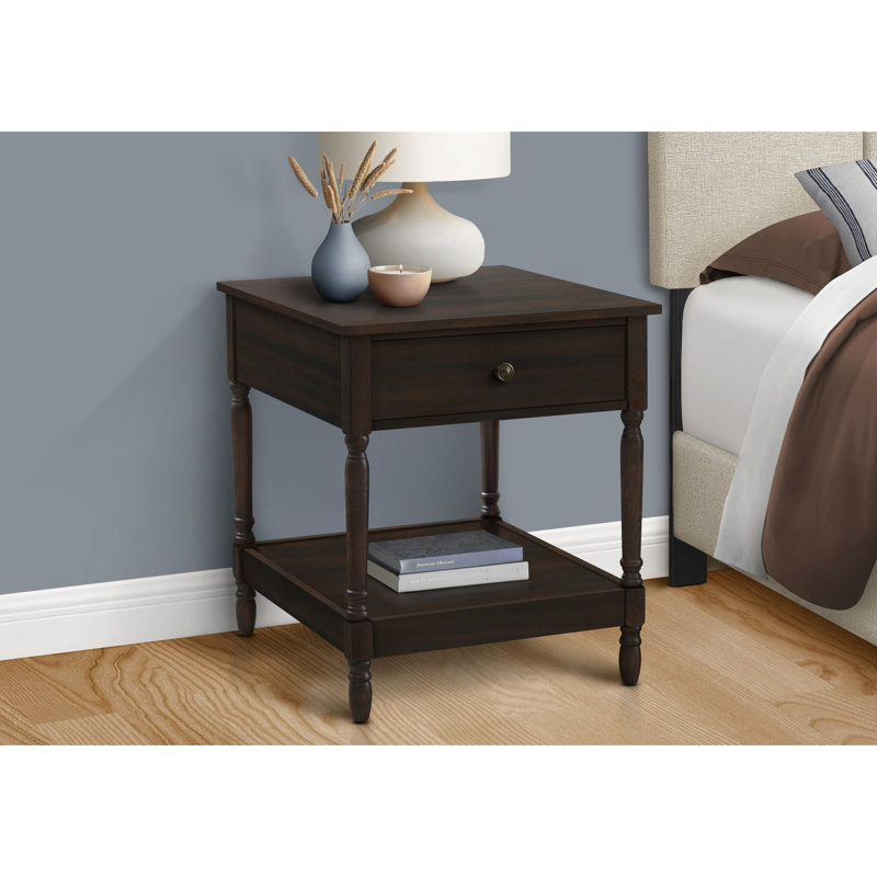 23,75 po Table d'appoint profonde avec placage brun pour la chambre à coucher et le salon, tiroir spacieux en noyer