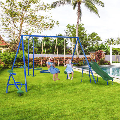 616 Lbs Swing Set For Backyard, 5 In 1 Heavy-Duty A-Frame Stand Outdoor Playset For Kids, With Saucer Swing, Slide, Seesaw, Glider, Swing Seat