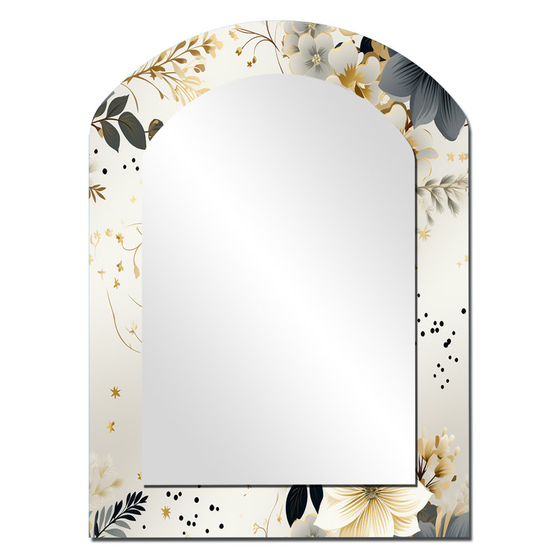 Ferns Grey And Beige Geometric Flowers - Floral Asymmetrical Decorative Wall Mirror, Grey Arch Large Mirror, Printed Metal Art