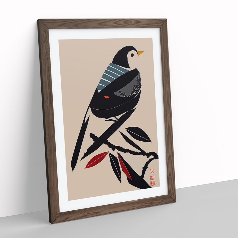 A Japanese Bird - Single Picture Frame Print, 64cm H x 46cm W x 2cm D, Walnut Framed