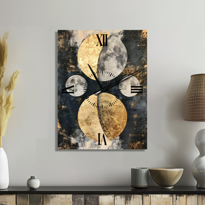 Phases de la Lune sur Papier Doré II - Horloge Murale Silencieuse Céleste Noire en Métal, Imprimée sur Métal