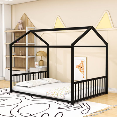 Metal Floor Bed Frame With Safety Headboaard And Easy Cleaning