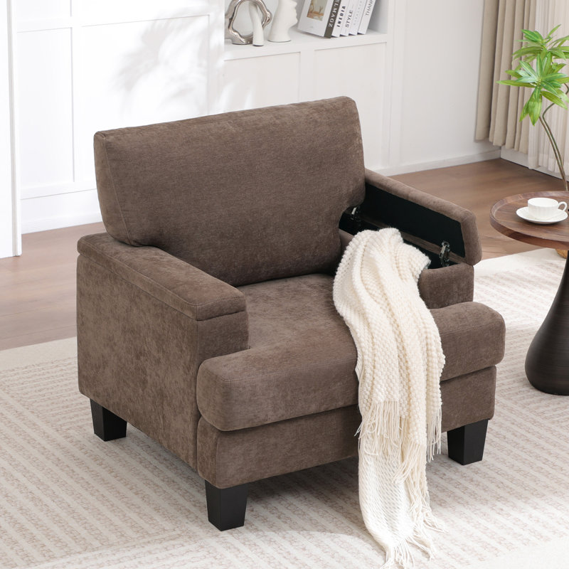 Fauteuil rembourré avec rangement intérieur pour accoudoirs, Marron foncé