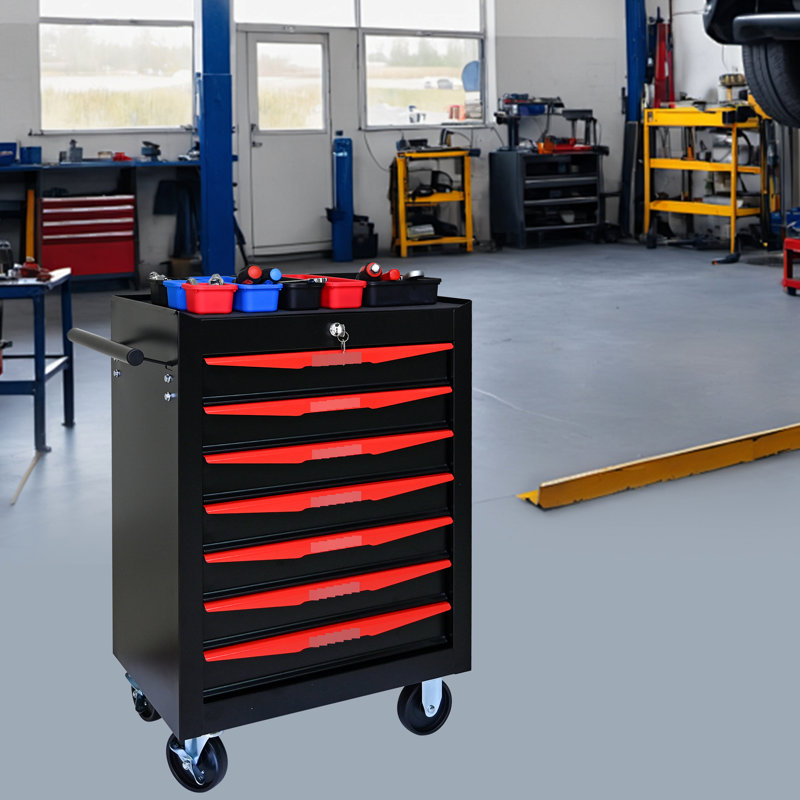 Armoire à outils 7 roulettes en métal - glissières à roulement, verrouillables, rangement noir et rouge de 20 po avec 7 tiroirs